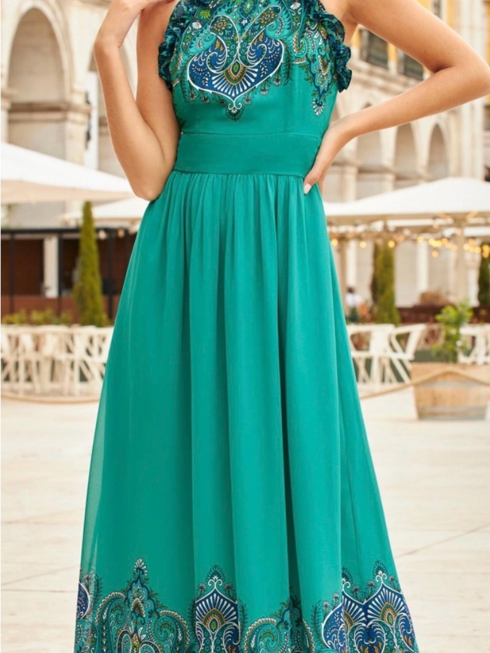 Boston Proper Teal Halter Maxi Dress with Blue-Green Embroidery